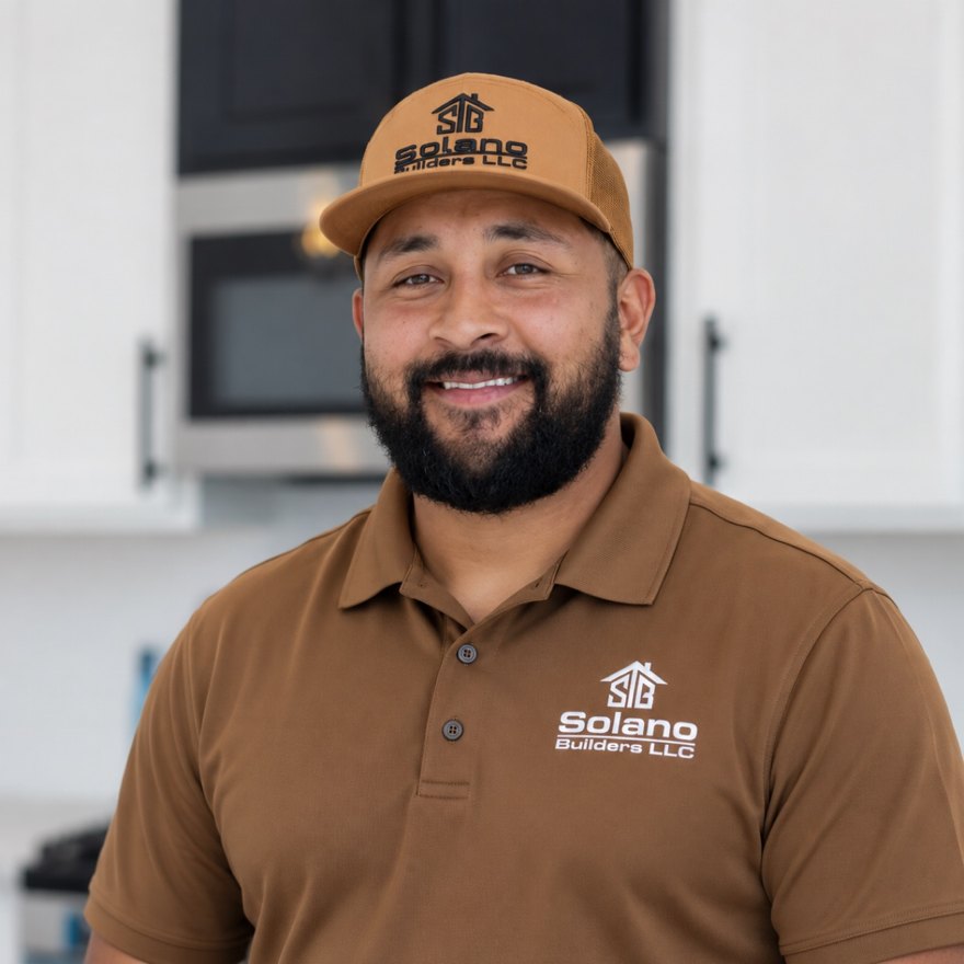 Alex Reyna, Co-Owner of Solano Builders and Construction, wearing a Solano Builders polo and cap